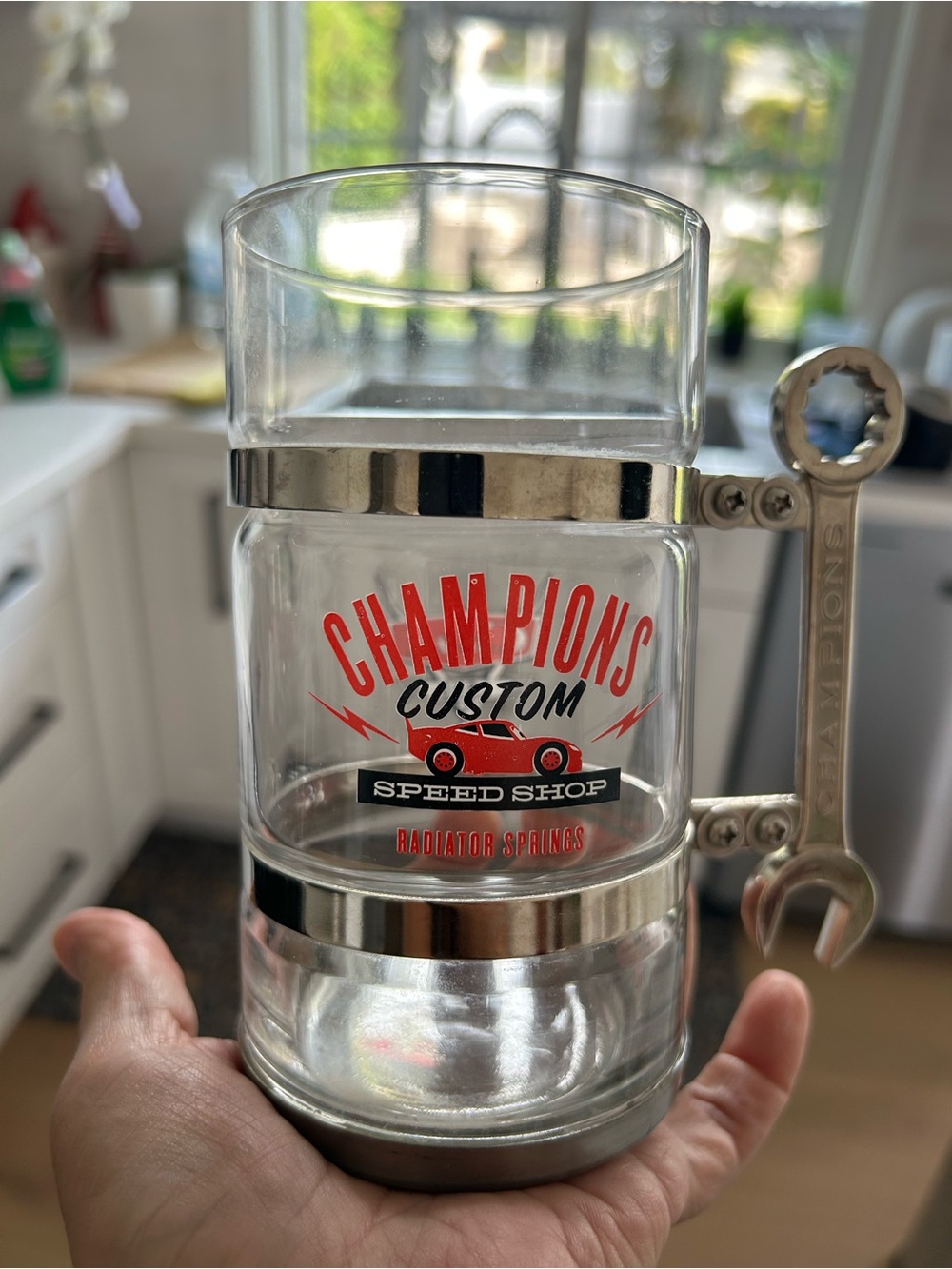 2012 Disneyland Cars Land Grand Opening Champion Wrench Glass Mug.